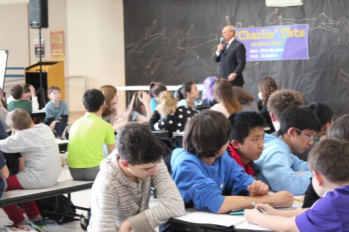 Attorney Jim Whalen speaks to eighth graders about being a trial lawyer before mock trials. 