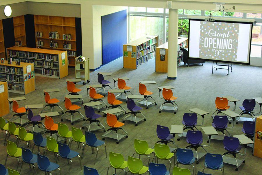 An overlook of the new chairs and desks added to the library.