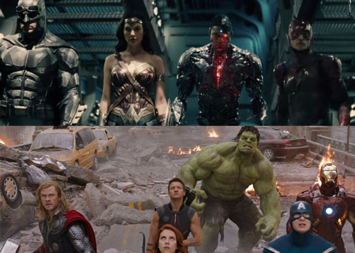 Above, DC’s Justice League and
left, Marvel’s Avengers.
Both franchises battling non-human creatures to save the world and earn your money.