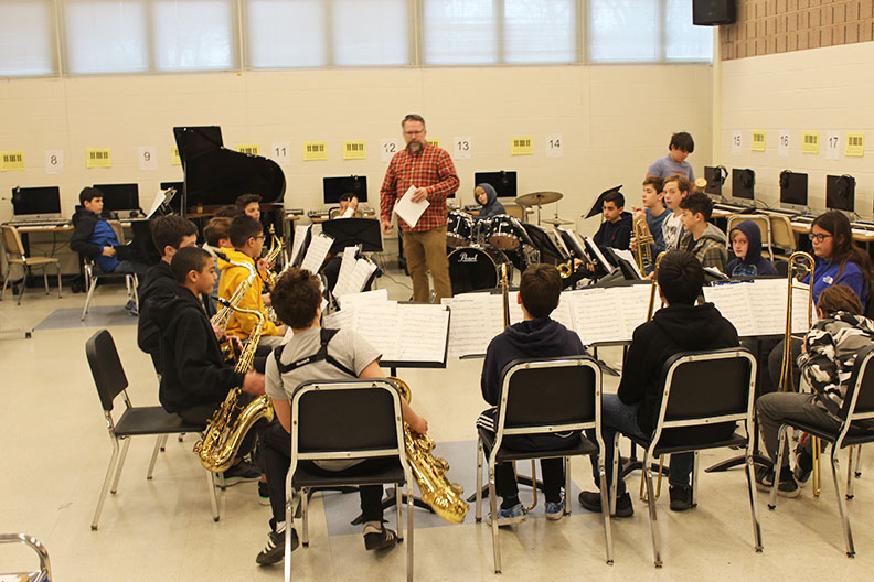 Bedford Middle School jazz band practices Tuesday mornings in the band room. They have been invited to perform at the WSCU Festival on March 20.