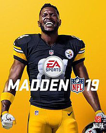 Antonio Brown, a professional football player now released from his team, appears on the cover of Madden 19 in his Pittsburgh Steelers uniform.