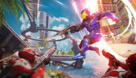 A player portaled directly into a swarm of enemy red players, and he might not make it in this scene from Splitgate.